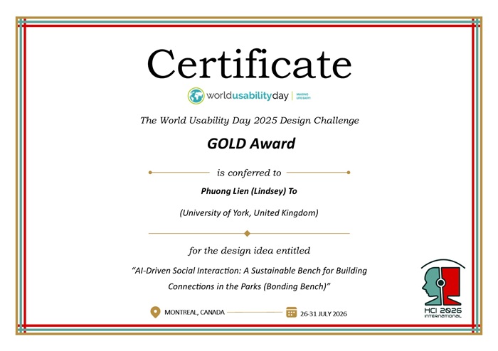 Certificate for the GOLD 2025 World Usability Day (WUD) Design Challenge (DC) award. Details in text following the image